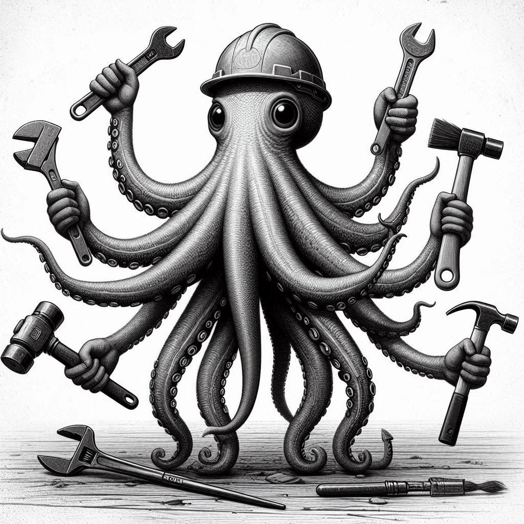 Eine Krake im Bauhelm hält in jedem Arm ein anderes Werkzeug